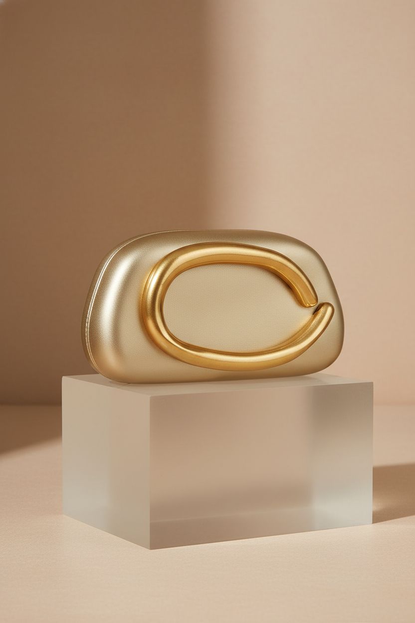 Elegant Tasysain gold clutch displayed on a beige block, showcasing its sculptural design