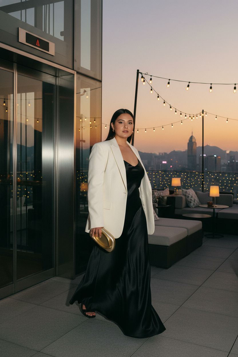 Gold clutch handbag by Tasysain glimmering in golden hour light on a rooftop
