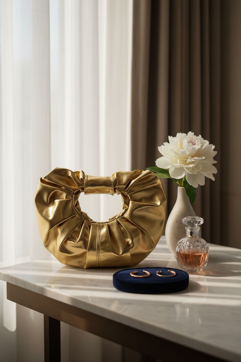 JENSVOIR gold clutch purse on a marble vanity with elegant decor