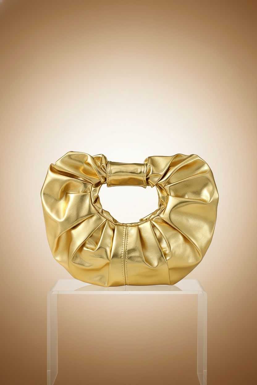 JENSVOIR gold pleated clutch purse showcased on a clear acrylic riser