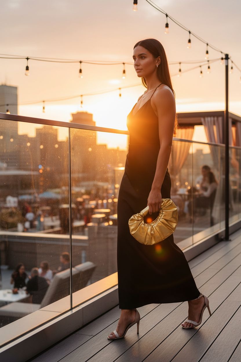 JENSVOIR gold evening clutch purse held near a rooftop skyline at sunset