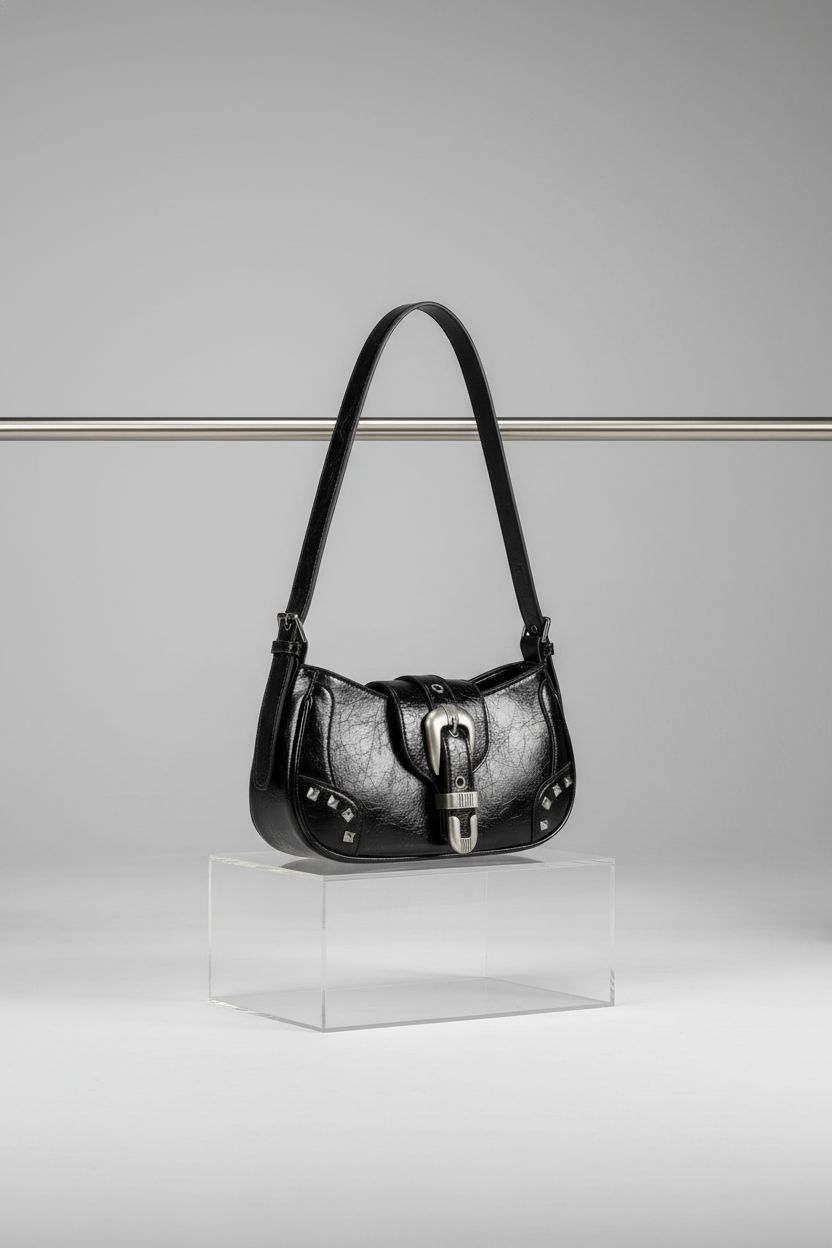 Product-focused image of CHUNLI goth purse on a clean set, highlighting its sleek design and vegan leather material.