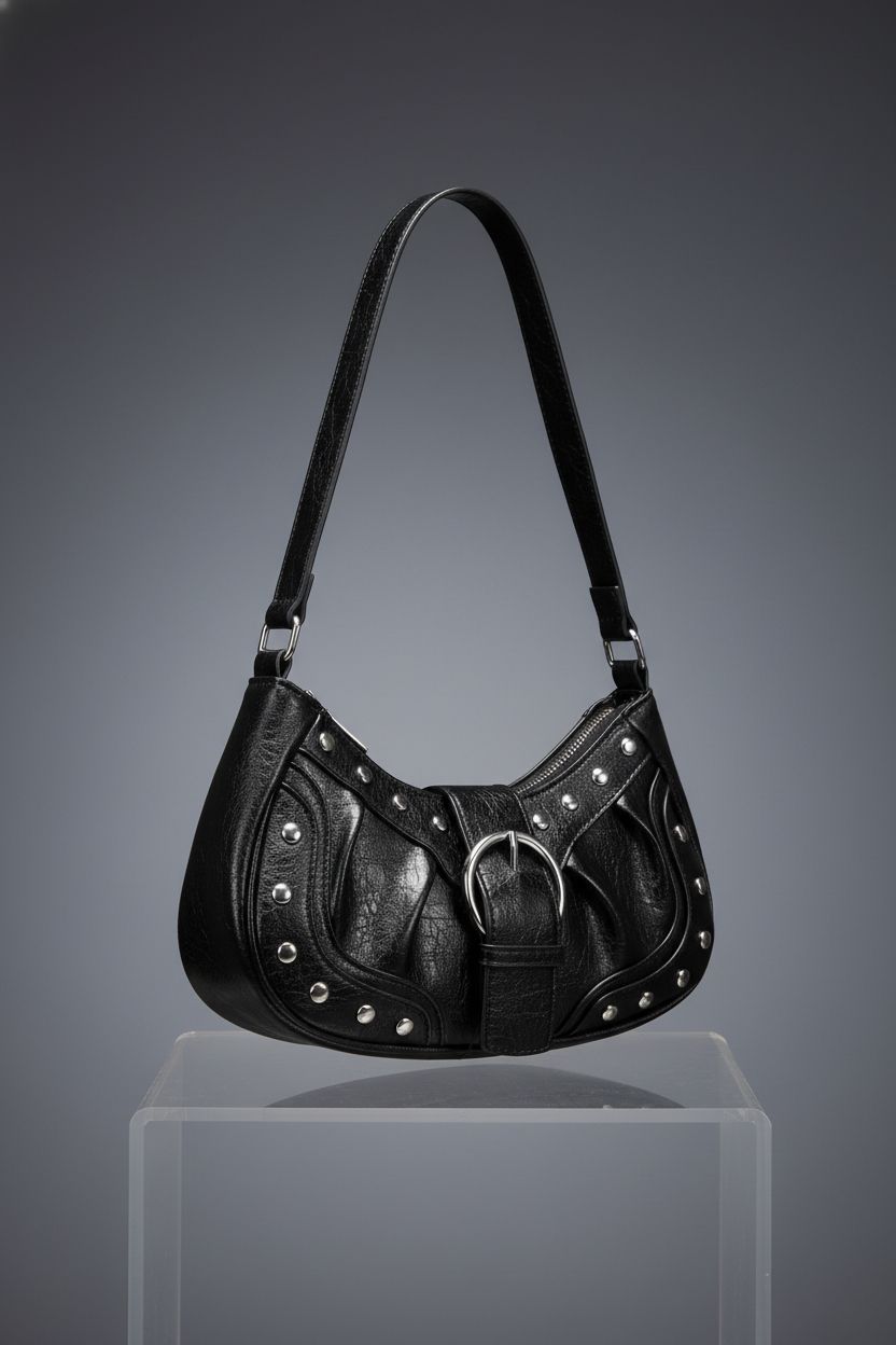 HIYOLALA Y2K gothic purse on a minimal backdrop, highlighting its pleated design