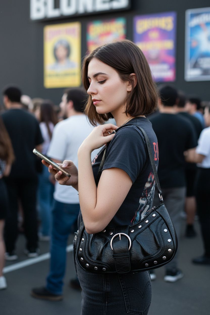 HIYOLALA small black vegan leather gothic purse with rivets, shoulder strap visible