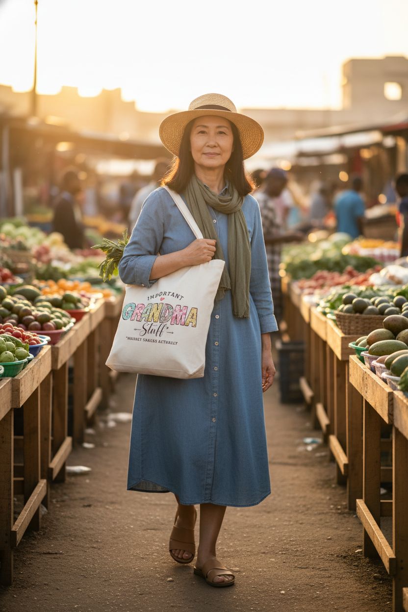 Grandma tote bag in soft denim setting, perfect for shopping, by Jealance.