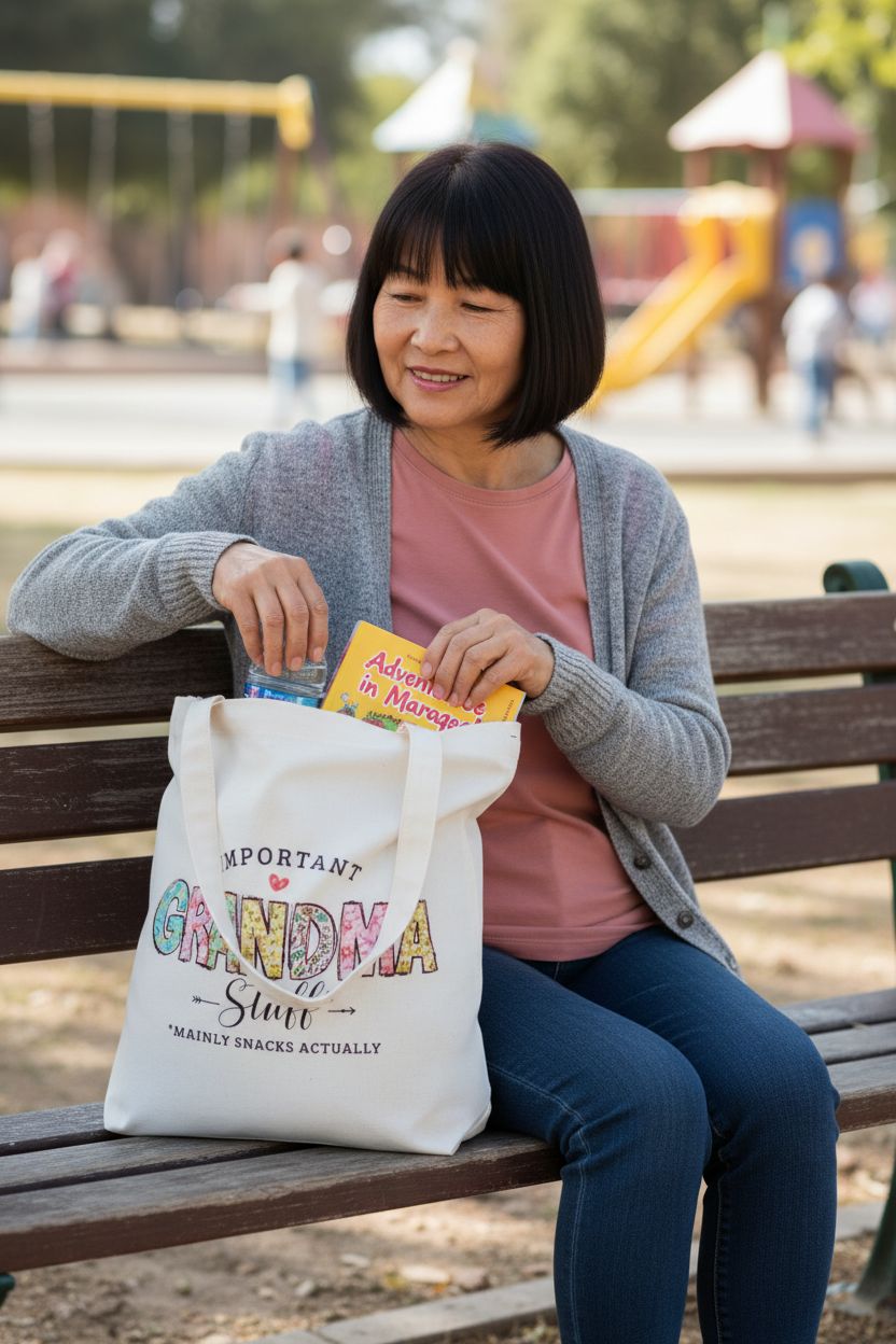 Grandma tote bag on park bench, holding water bottle and book, by Jealance.