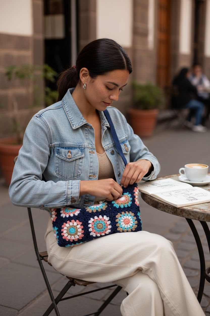 Rungion navy crochet granny square bag with zipper, perfect for everyday use.