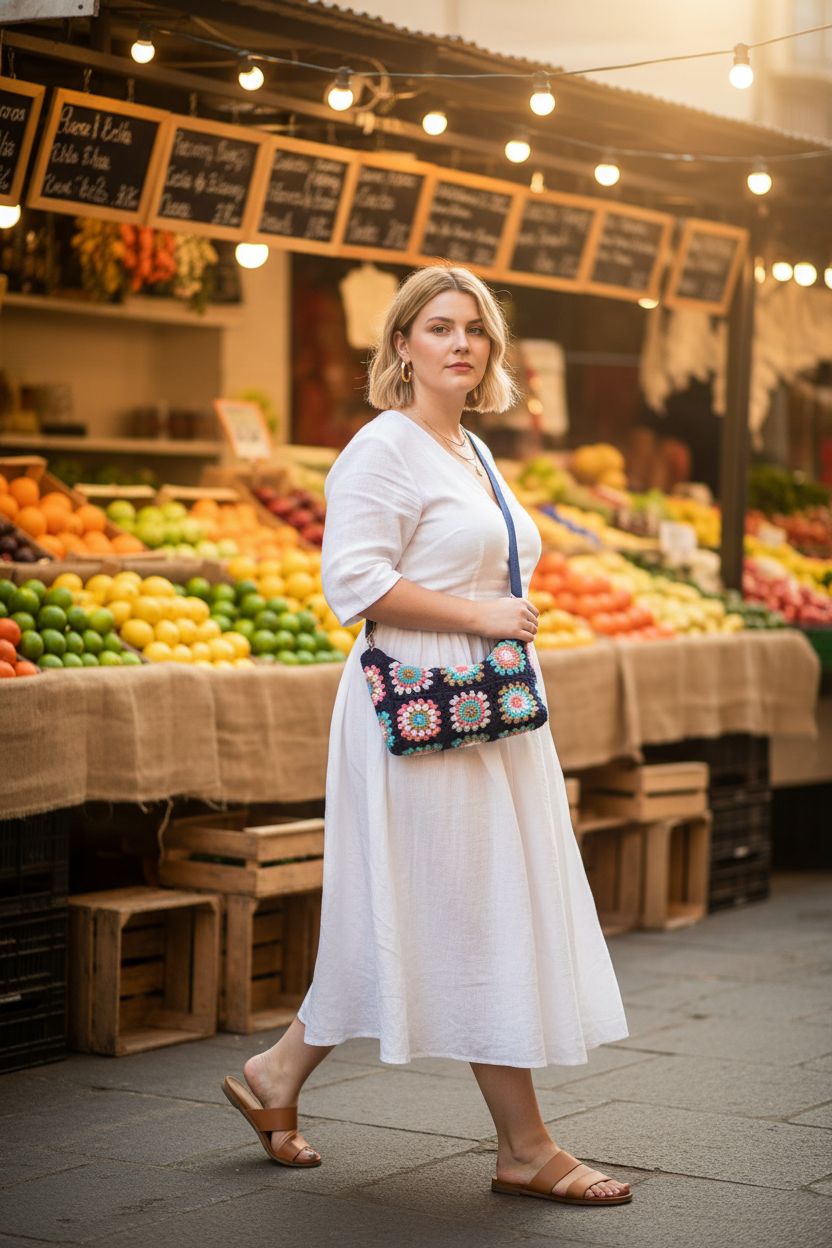 Vibrant Rungion granny square crossbody bag at a sunny market, ideal for outings.