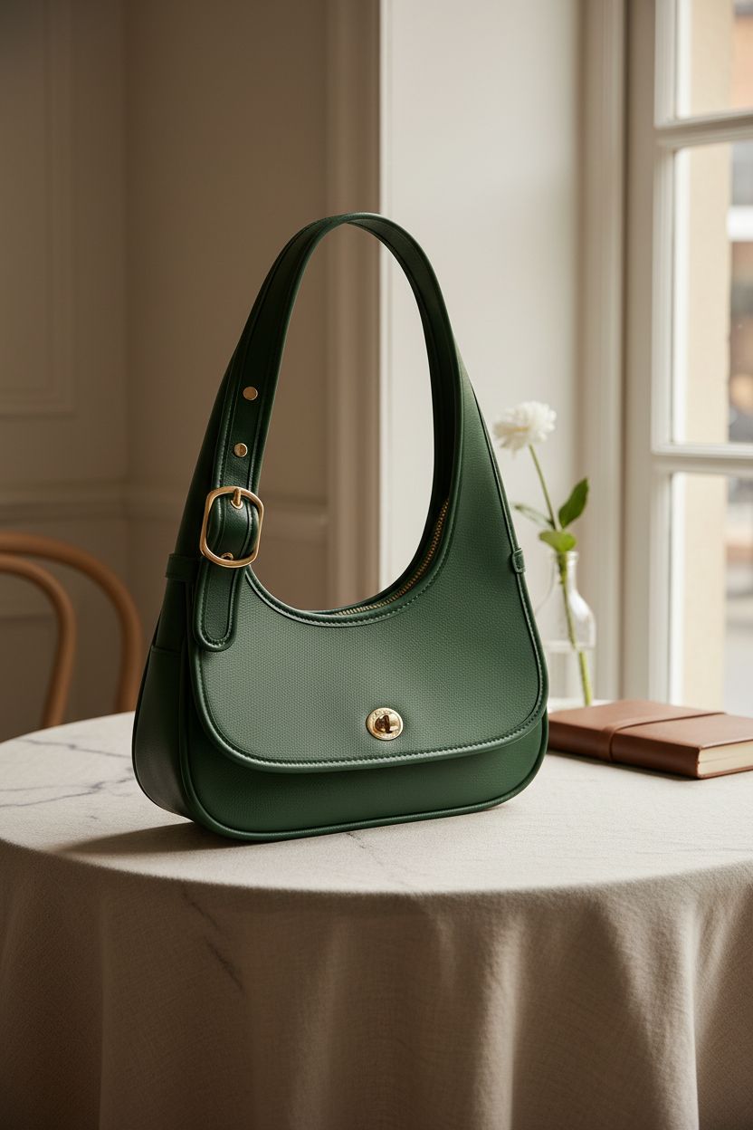 Cozy café scene featuring JQWSVE green leather purse on a marble table with soft morning light.