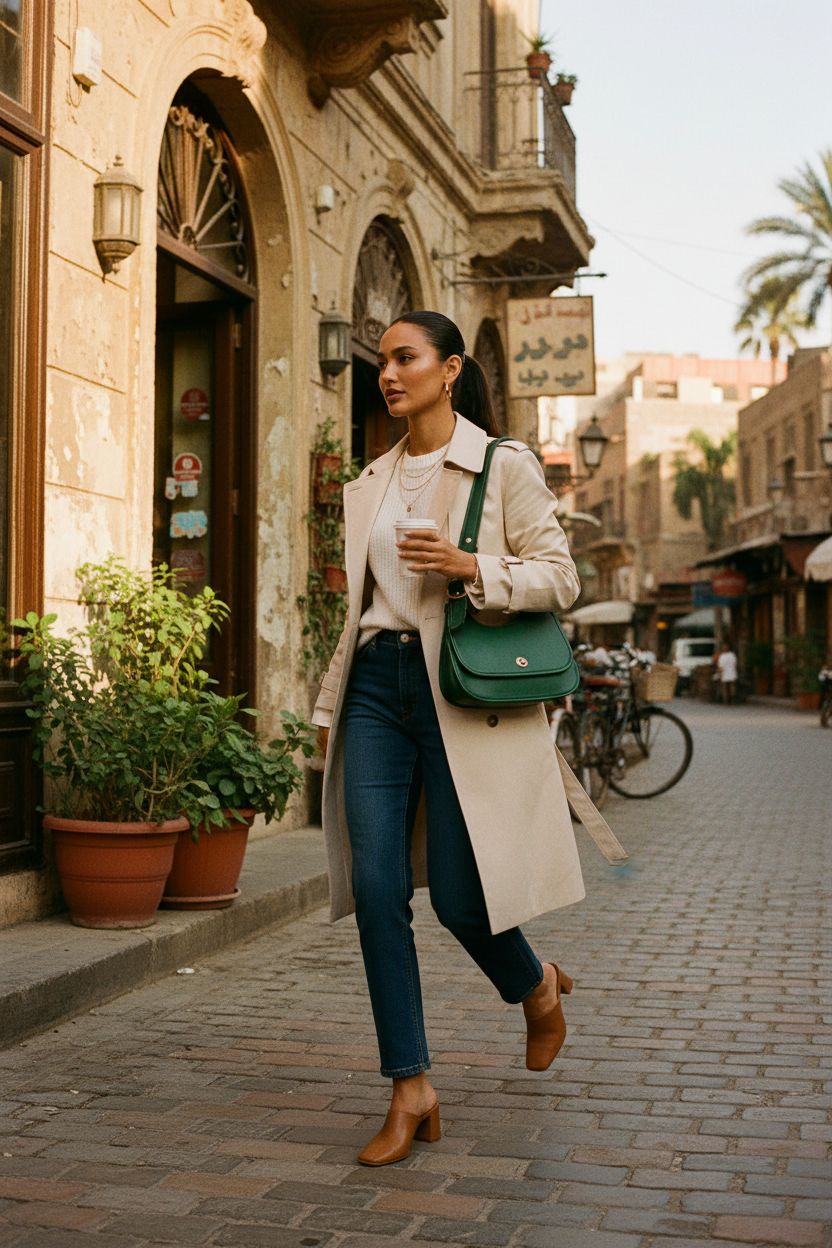 Full-body shot of JQWSVE green leather purse in a vibrant café setting, perfect for daily outings.