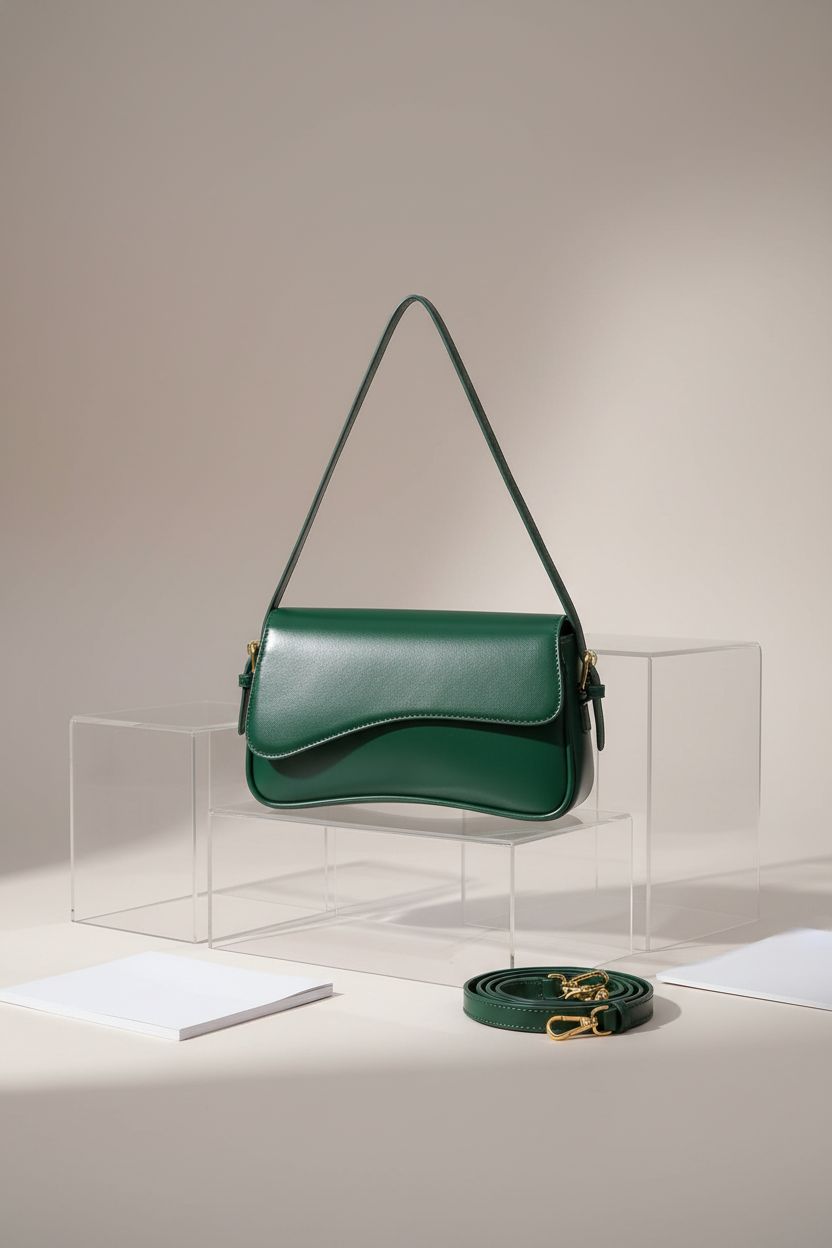 Product shot of Amszke green shoulder bag on a clean backdrop, showcasing its vegan leather and versatile straps.