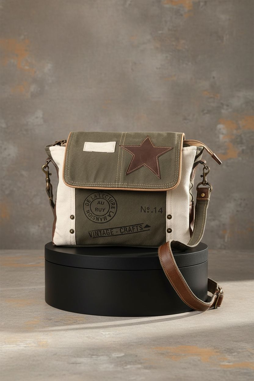 Front view of Vintage Crafts star shoulder bag on grey backdrop, highlighting its stylish design.