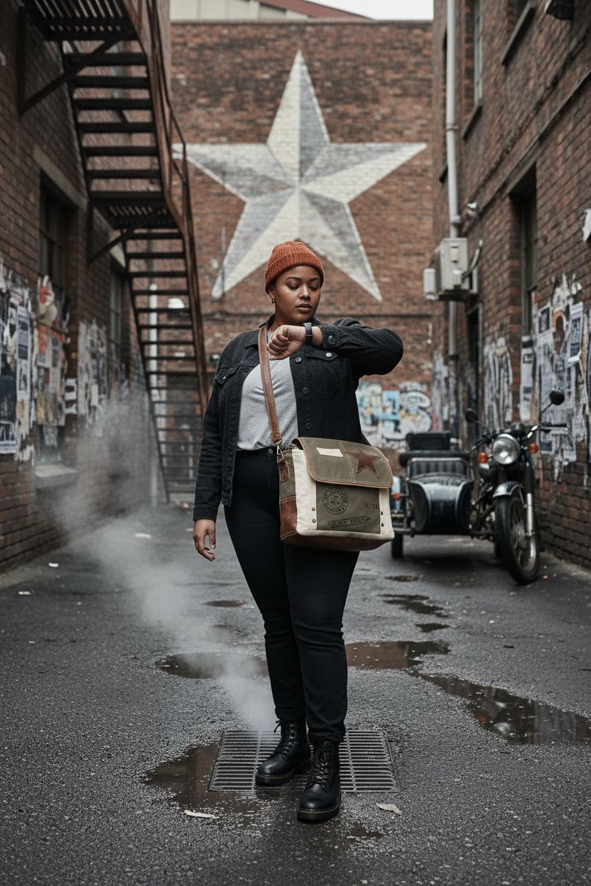 Vintage Crafts canvas and leather star shoulder bag in urban alley, ideal for everyday adventures.