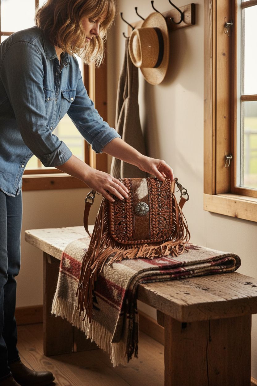 Montana West hair-on-hide purse placed in a cozy ranch-house mudroom, highlighting its rustic charm.