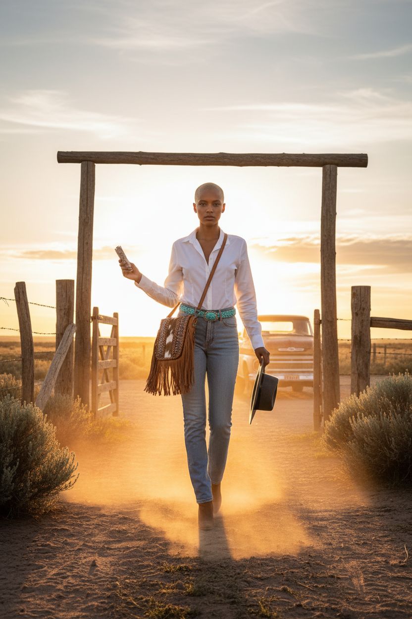 Montana West fringe purse in a golden-hour ranch setting, showcasing hair-on-hide design.