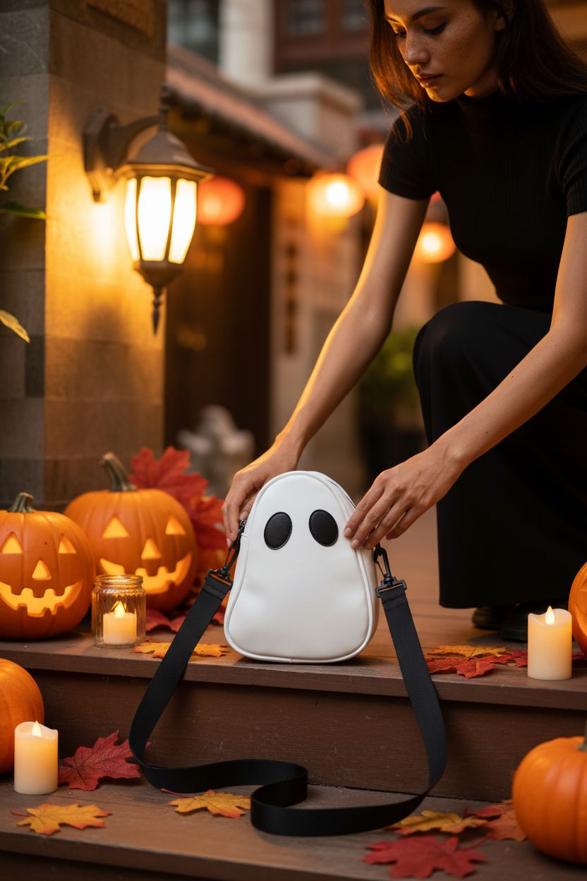 Charming JienClound ghost purse beside pumpkins and leaves, enhancing Halloween ambiance.