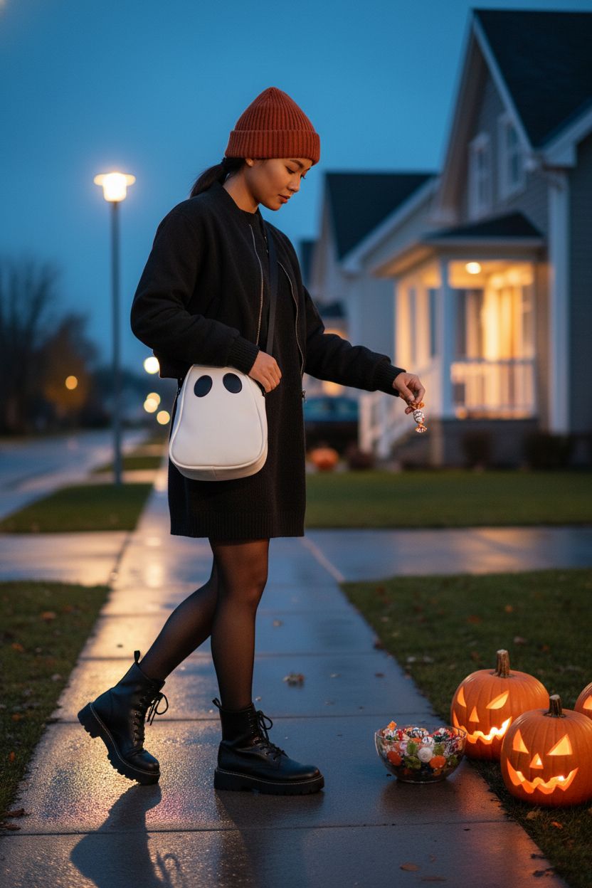 Stylish JienClound Halloween ghost crossbody bag on a cozy street, perfect for spooky outings.