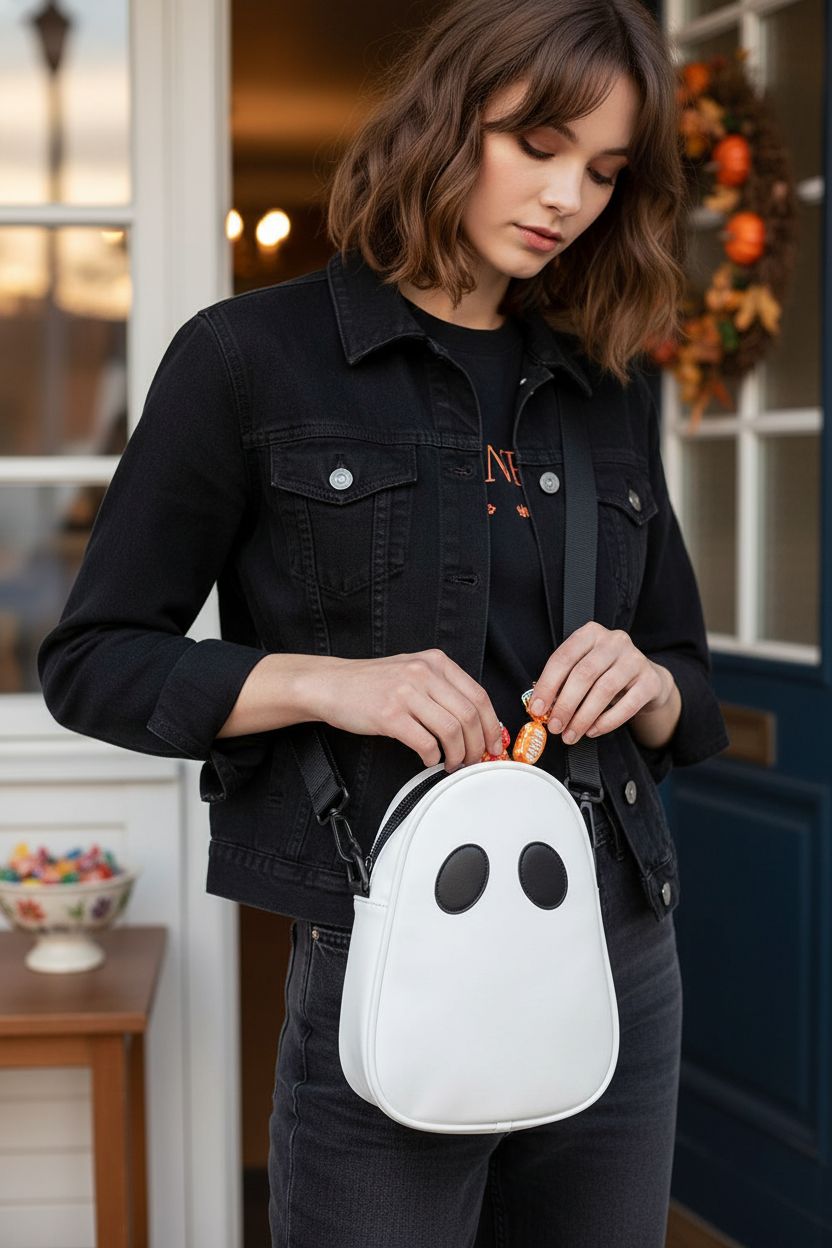 JienClound Halloween ghost purse being filled with candy at a festive house party.
