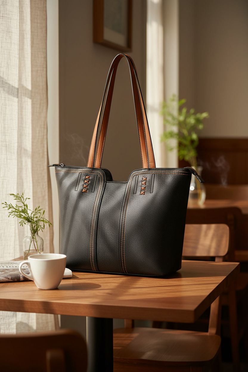 Montana West black tote bag resting on a café table, evoking a cozy and inviting atmosphere.