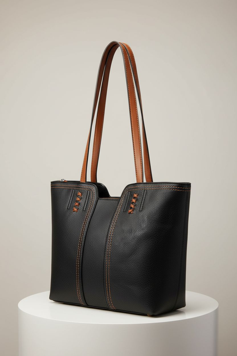 Montana West black tote bag highlighted in a studio, showcasing its elegant design and vegan leather texture.