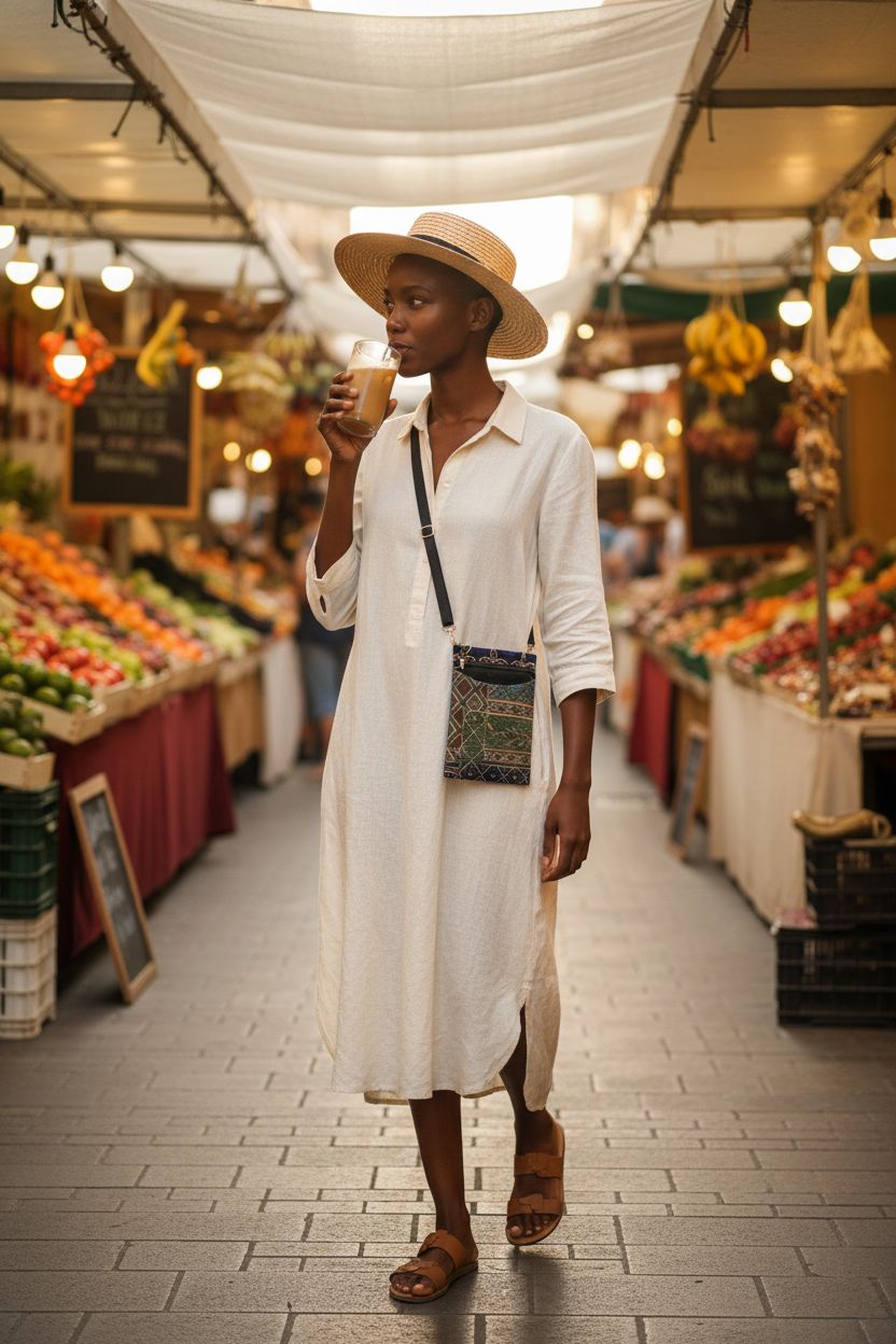 Handmade Danny K. tapestry crossbody purse in Neptune/Blue, styled with vibrant market backdrop.