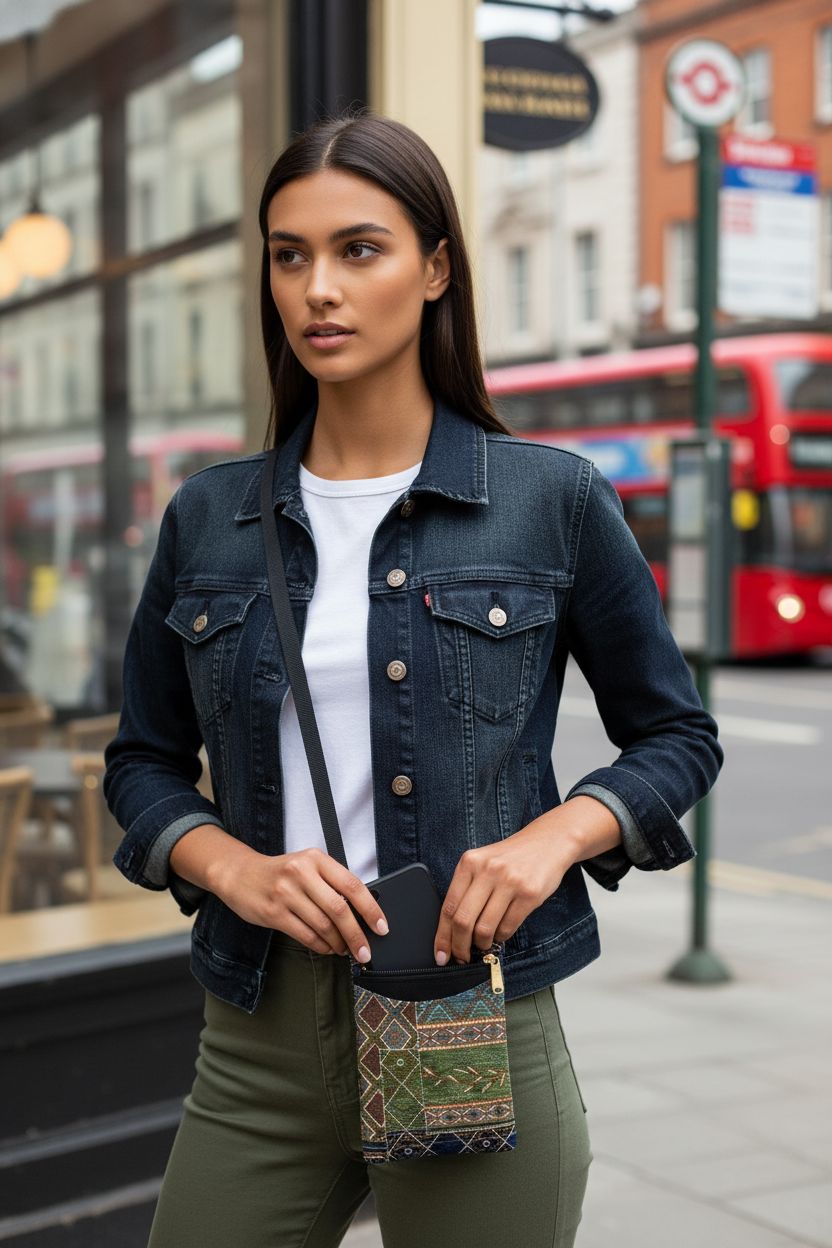 Danny K. women's tapestry purse with smartphone, showcasing detailed fabric and gold hardware.