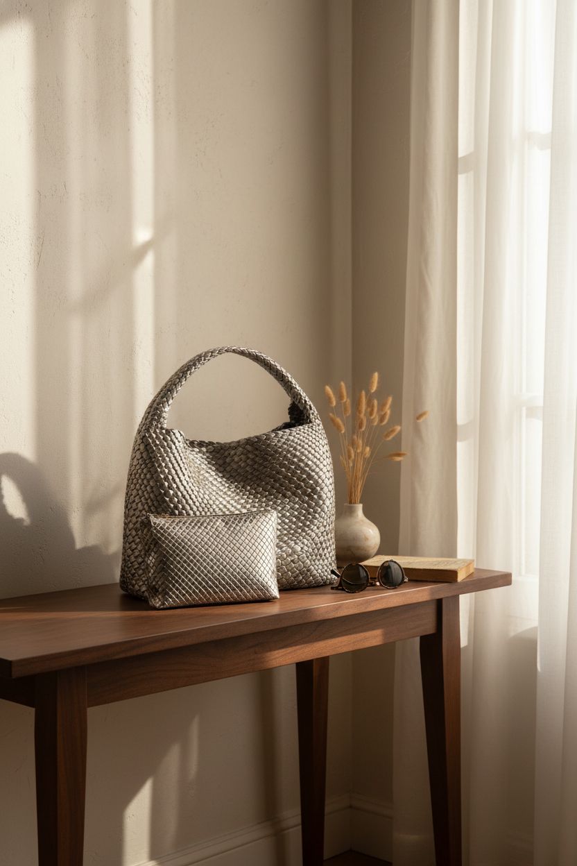 Geelyda woven tote and clutch in a serene apartment setting by a window