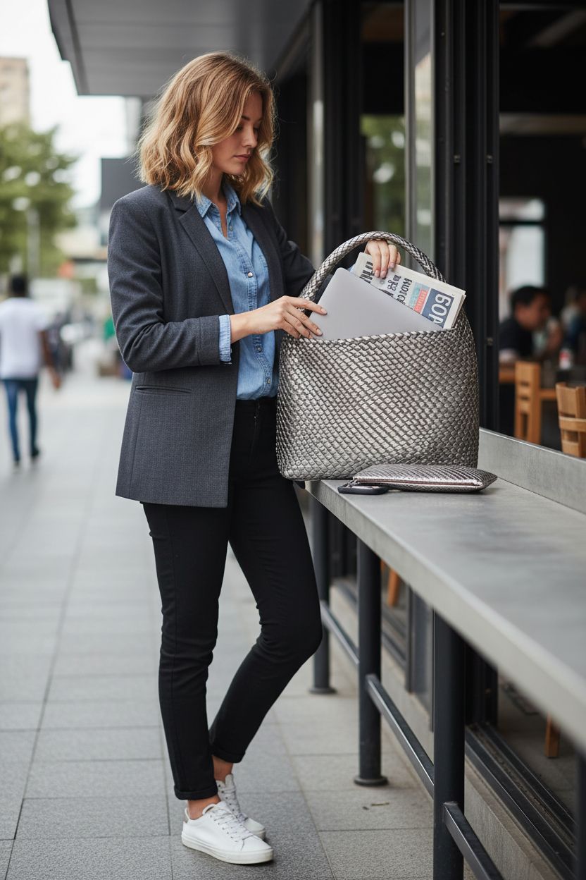 Geelyda stylish vegan leather tote bag and matching clutch on a cafe table