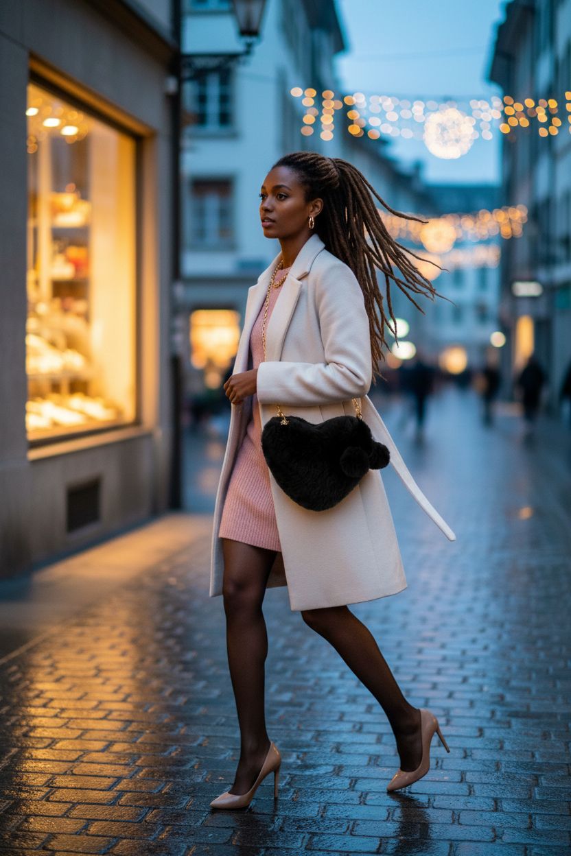 Abbylike heart-shaped purse swinging on gold chain near patisserie, highlighting chic style.