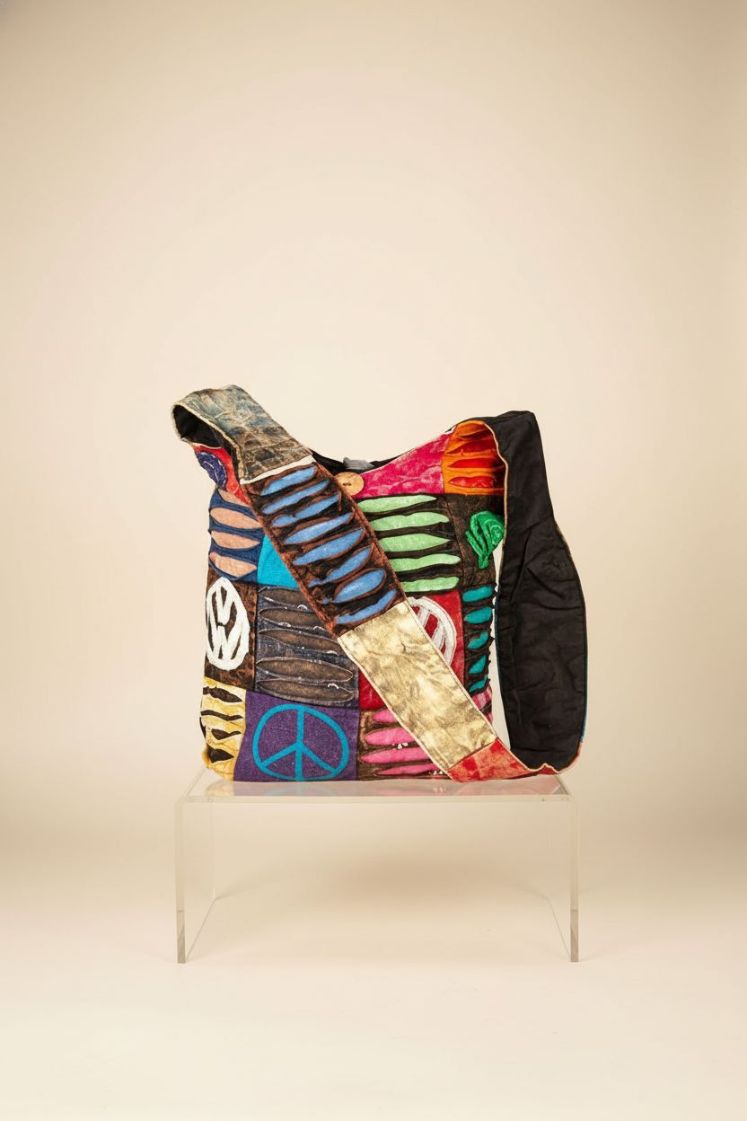 Tribe Azure slouchy shoulder bag displayed elegantly, highlighting its unique patchwork.