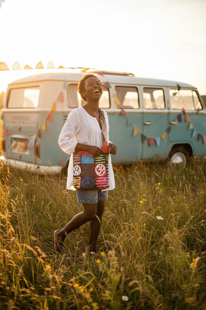 Colorful stone-washed patchwork hobo bag from Tribe Azure, perfect for festivals.