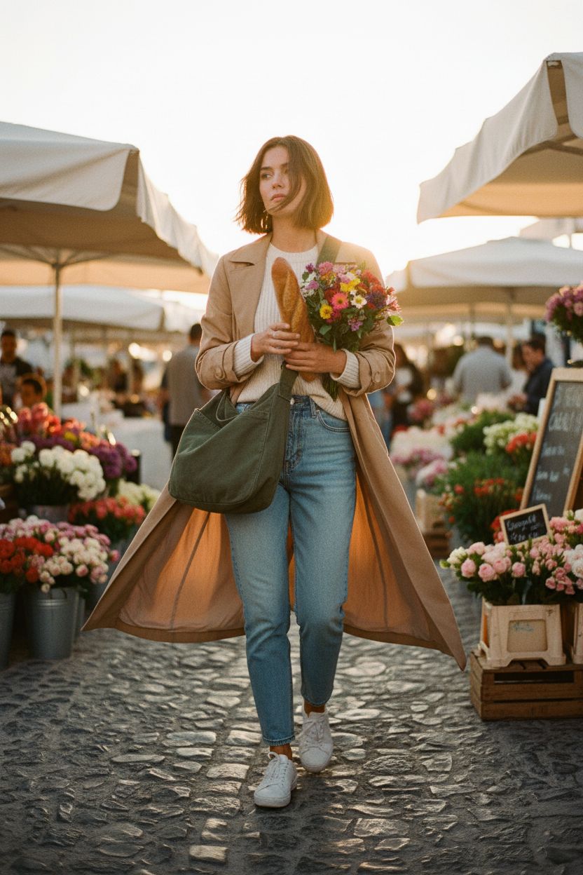 DAINAOTM olive canvas hobo bag hanging at hip, casual market setting with baguette and bouquet