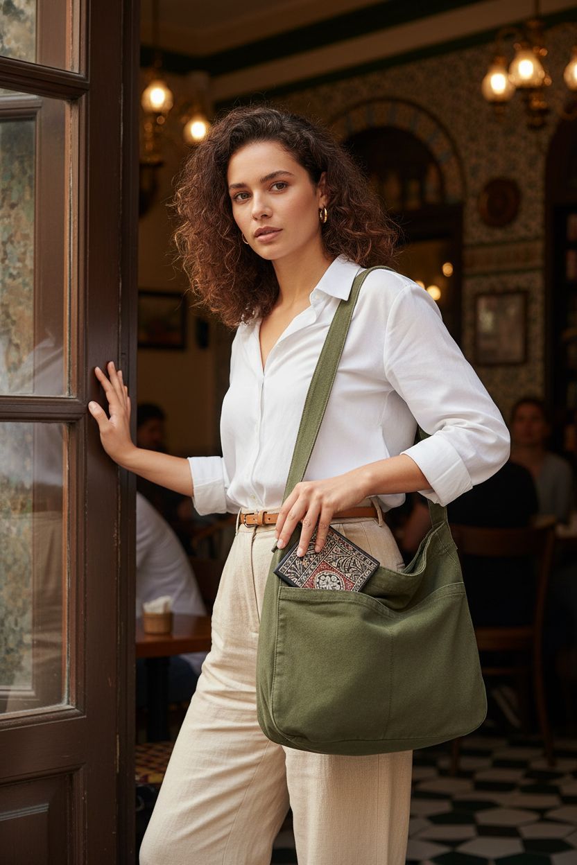 DAINAOTM olive canvas crossbody bag at café doorway, showcasing stylish texture and stitching