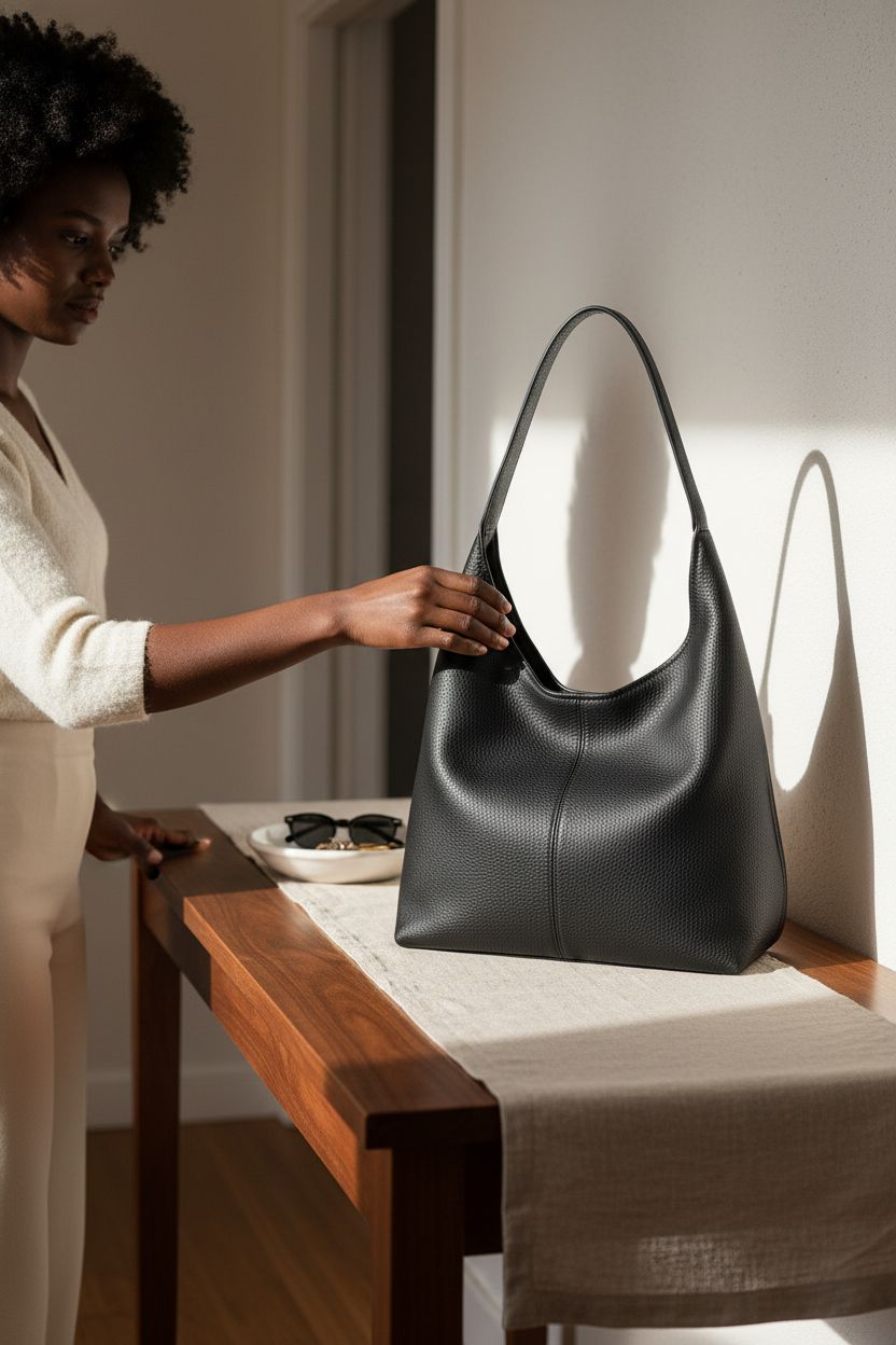 CUNGGI hobo handbag resting on a console, ideal for everyday essentials and a grab-and-go lifestyle.