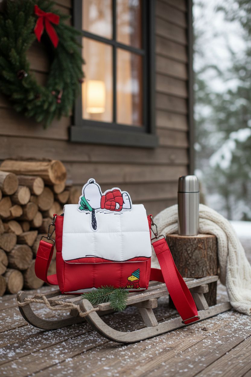 Loungefly Peanuts Holiday Collection bag on a sled by a cabin, evoking cozy winter vibes.