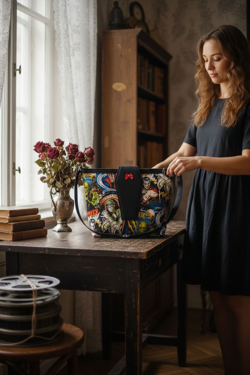 Gothic-inspired La Luna Blu horror purse placed on a dark console in a charming parlor
