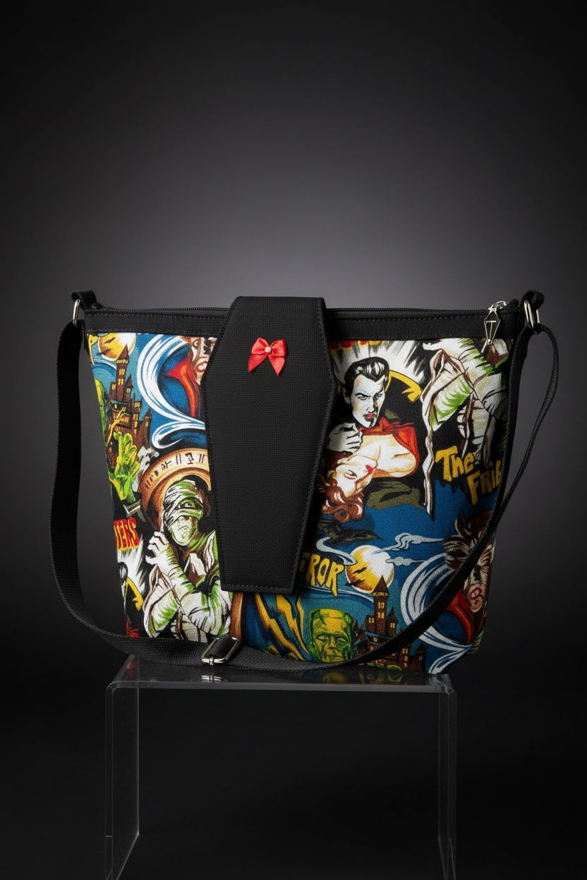 Close-up of La Luna Blu coffin handbag on acrylic riser with striking details