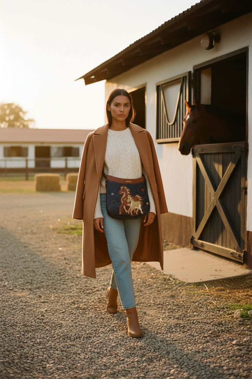CHALA navy crossbody purse with horse appliqué in equestrian stable setting