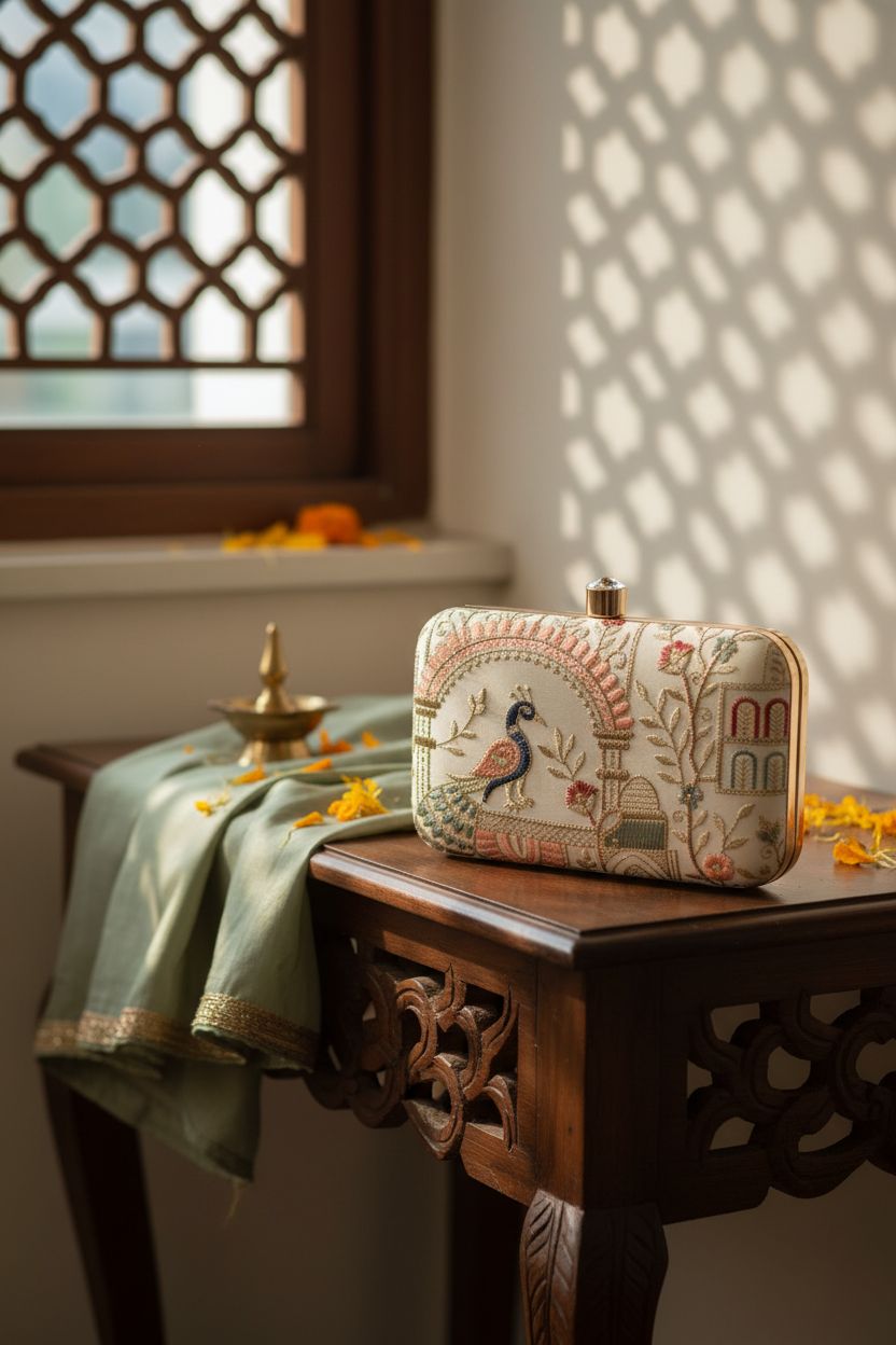 LONGING TO BUY cream clutch on a teak console with marigold petals and sage silk dupatta