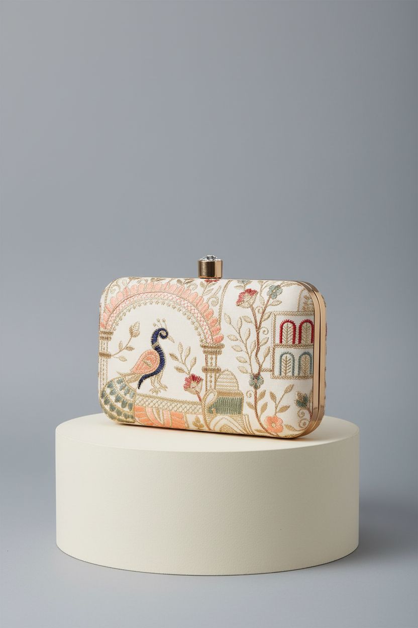LONGING TO BUY cream designer box clutch showcased against a dove-grey backdrop