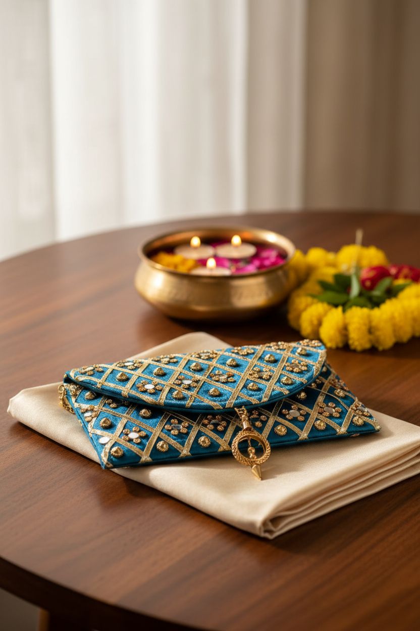 Vaaayu blue mirror-work clutch displayed on cream silk with tea lights, creating a warm Diwali ambiance.