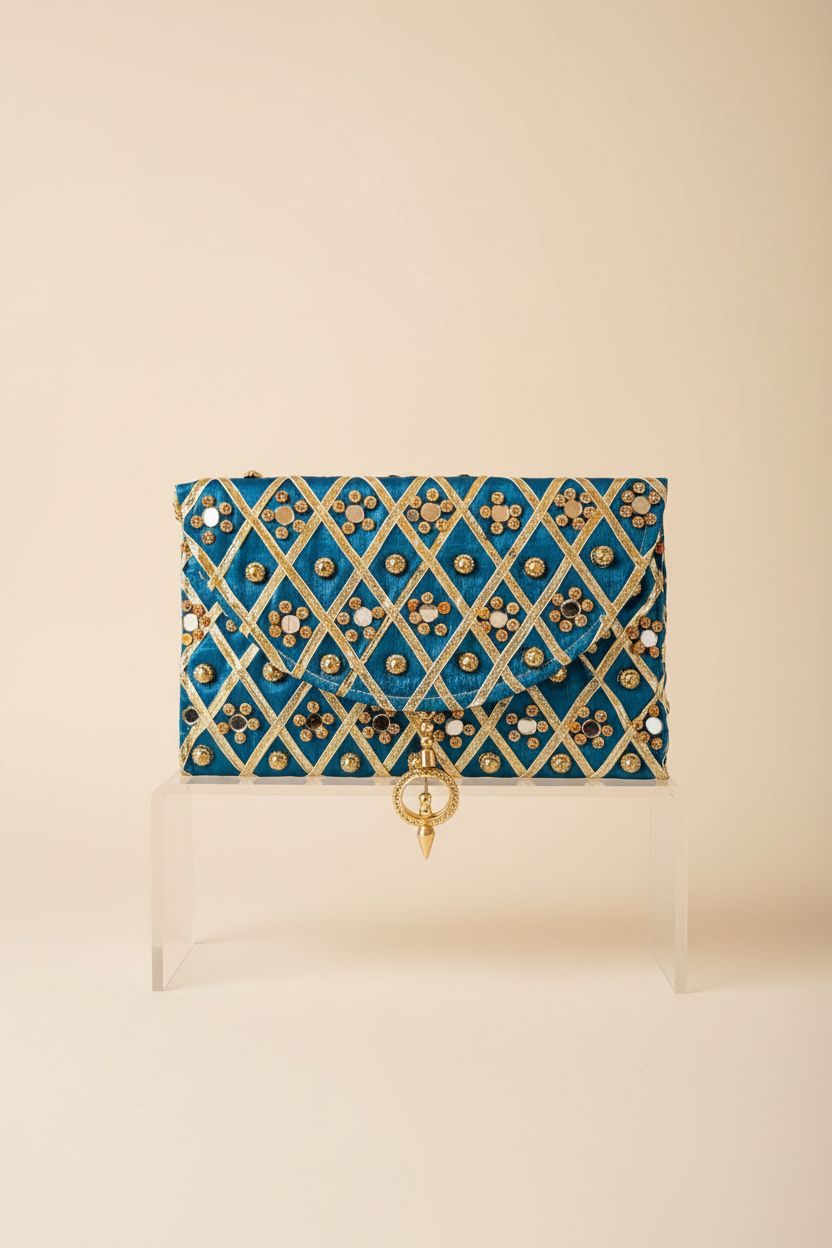 Vaaayu blue mirror-work clutch on an acrylic block, highlighting its intricate design and craftsmanship.