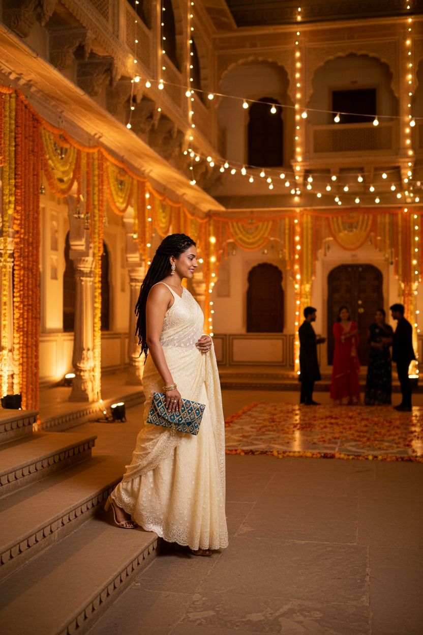 Vaaayu handmade blue mirror-work clutch purse at a festive Sangeet night, perfect for ethnic celebrations.