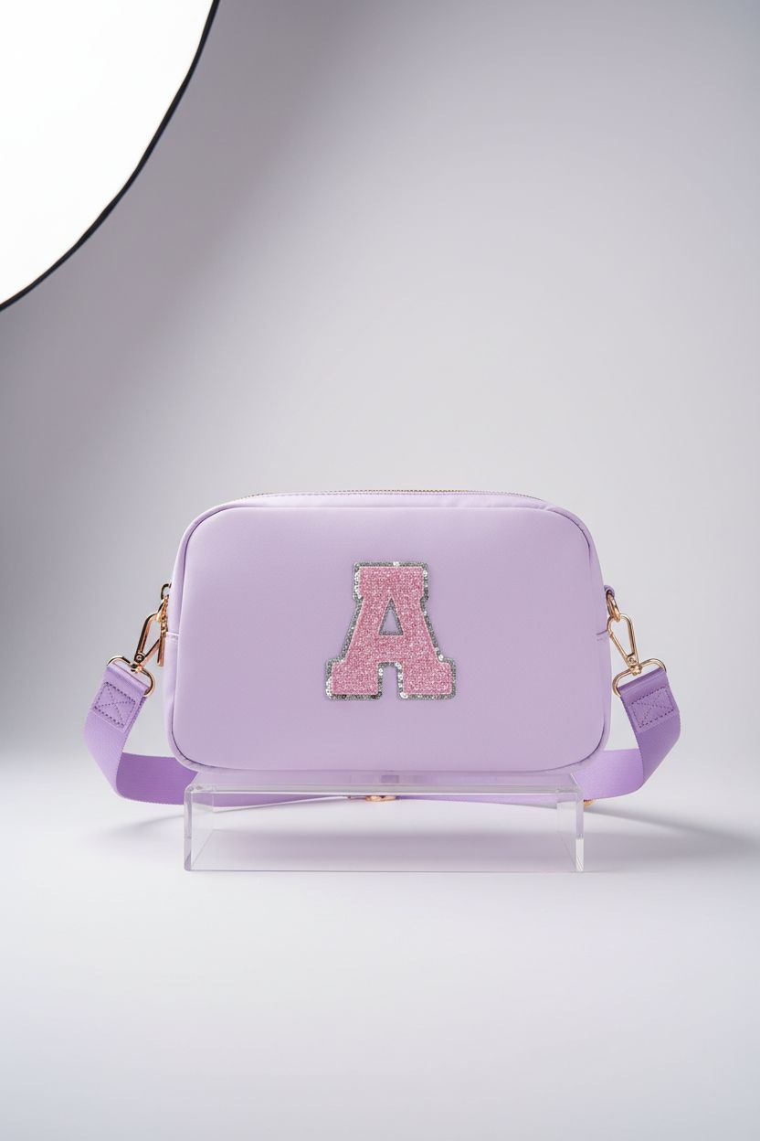 Close-up of Uygafly lavender initial purse showcasing craftsmanship and glittery detail
