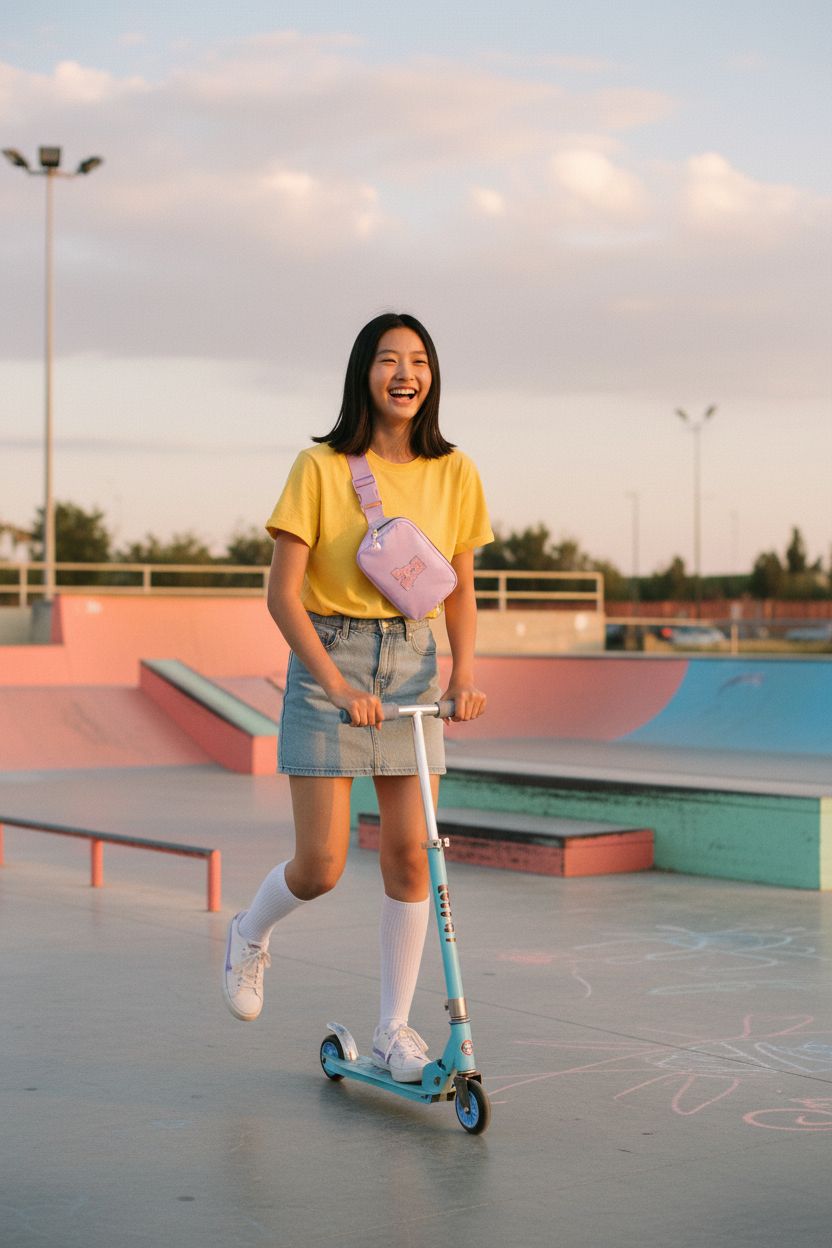 Uygafly lavender fanny pack worn at a skate park, perfect for active teens
