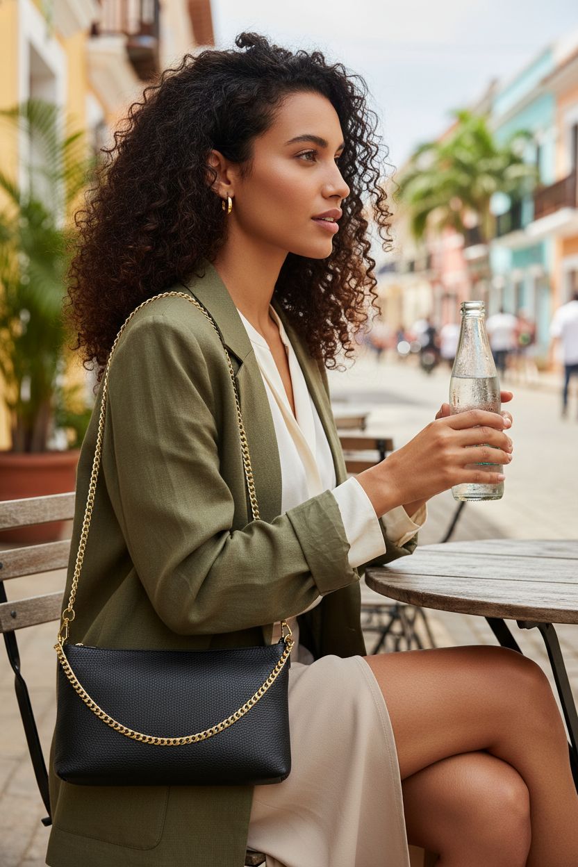 Dasein Italian leather evening bag in black, showcasing versatile gold chain strap for shoulder or wrist wear.