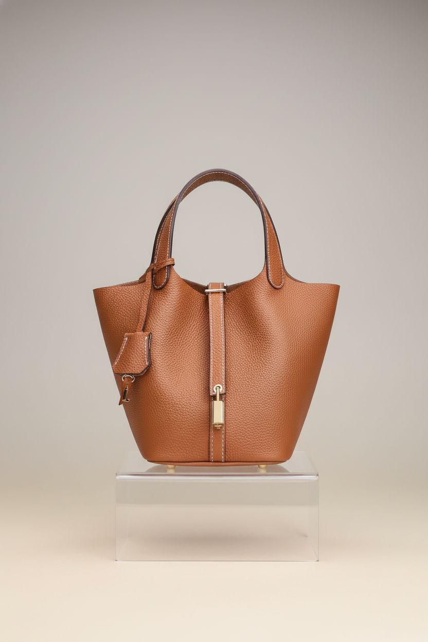 Product shot of Hedexe genuine leather bucket bag highlighting its quality craftsmanship.