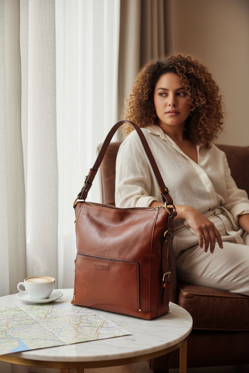 Banuce full-grain Italian leather handbag showcasing texture in a boutique hotel lounge.
