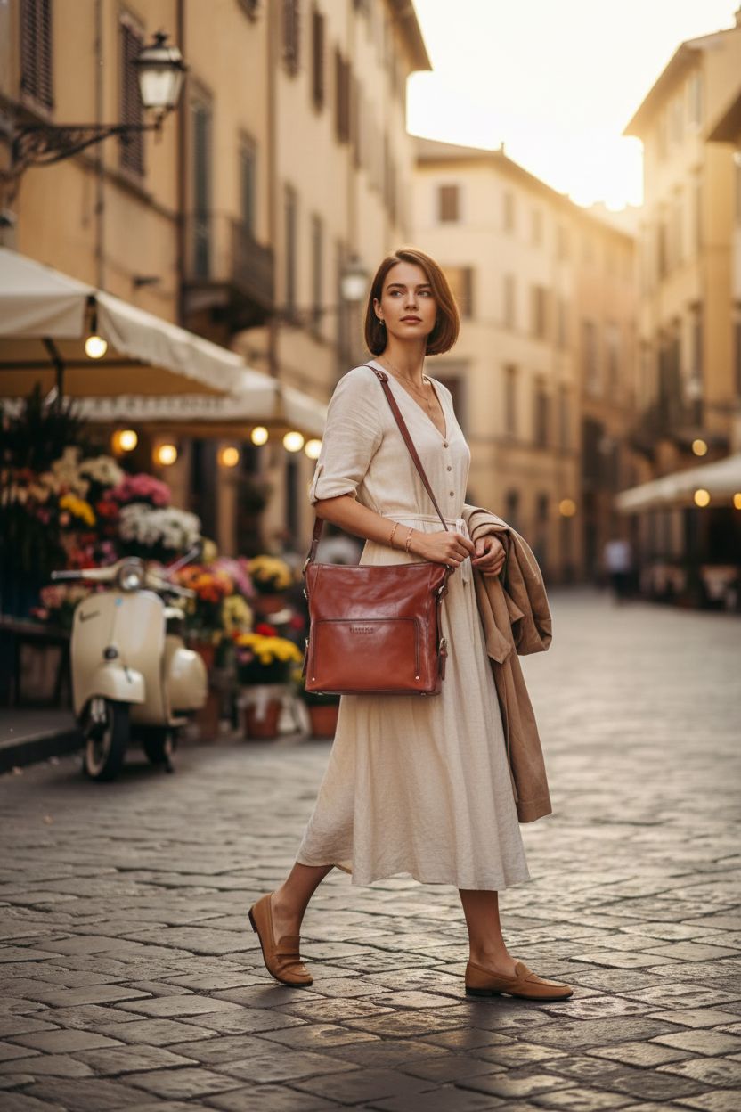 Banuce Italian leather bag in red-brown swinging crossbody in a warm evening setting.
