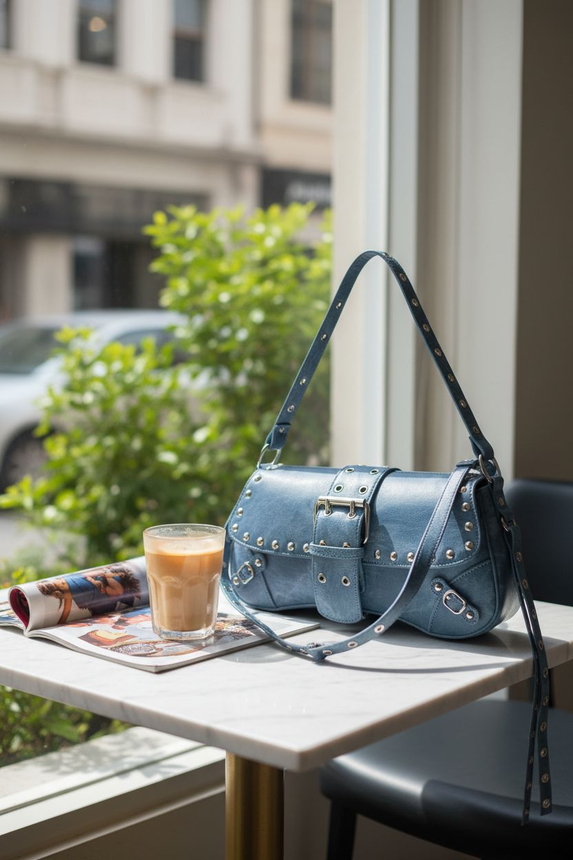 MakeMeChic hobo bag resting on marble table beside coffee, ideal for relaxed café vibes.